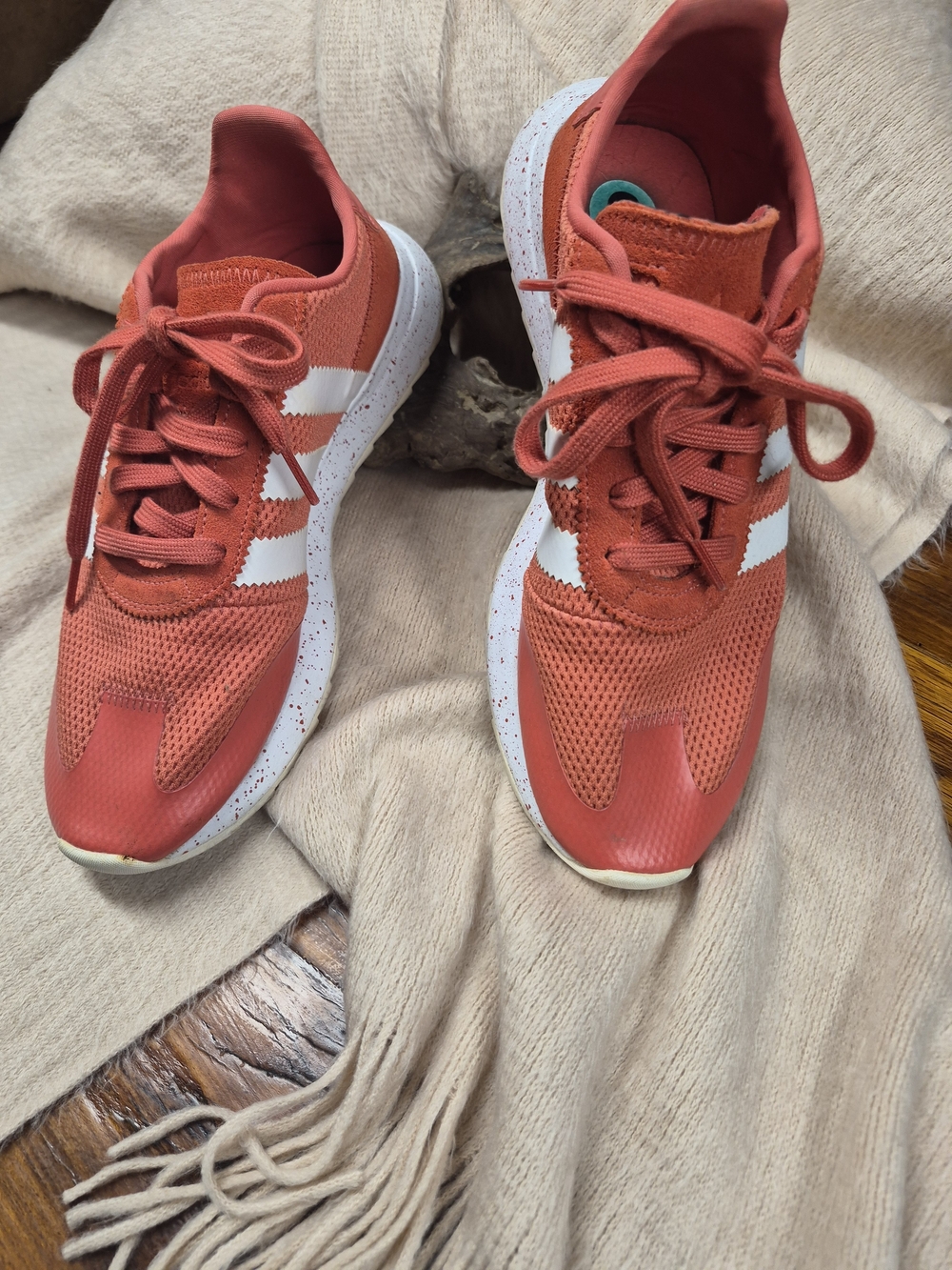 Women's adidas Coral Red Knit Athletic Sneakers with White Stripes